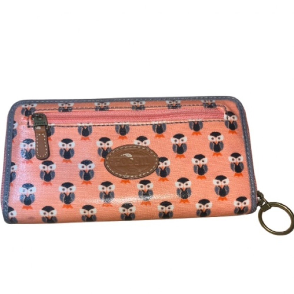 Fossil Owl Print Peach Zip Around Closure, Long Wallet with Keyring, Gray Trim